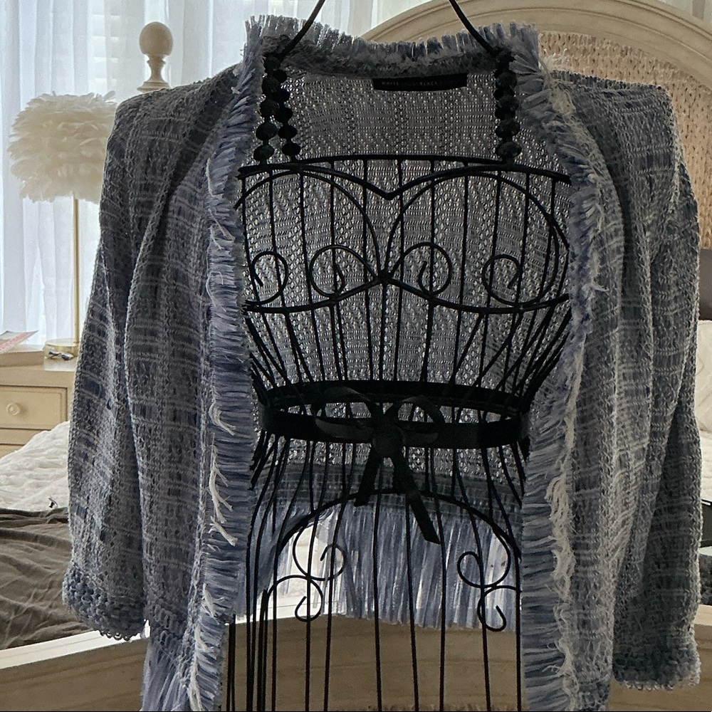 White House Black Market Light Blue Fringe Knit Open-Front Cardigan